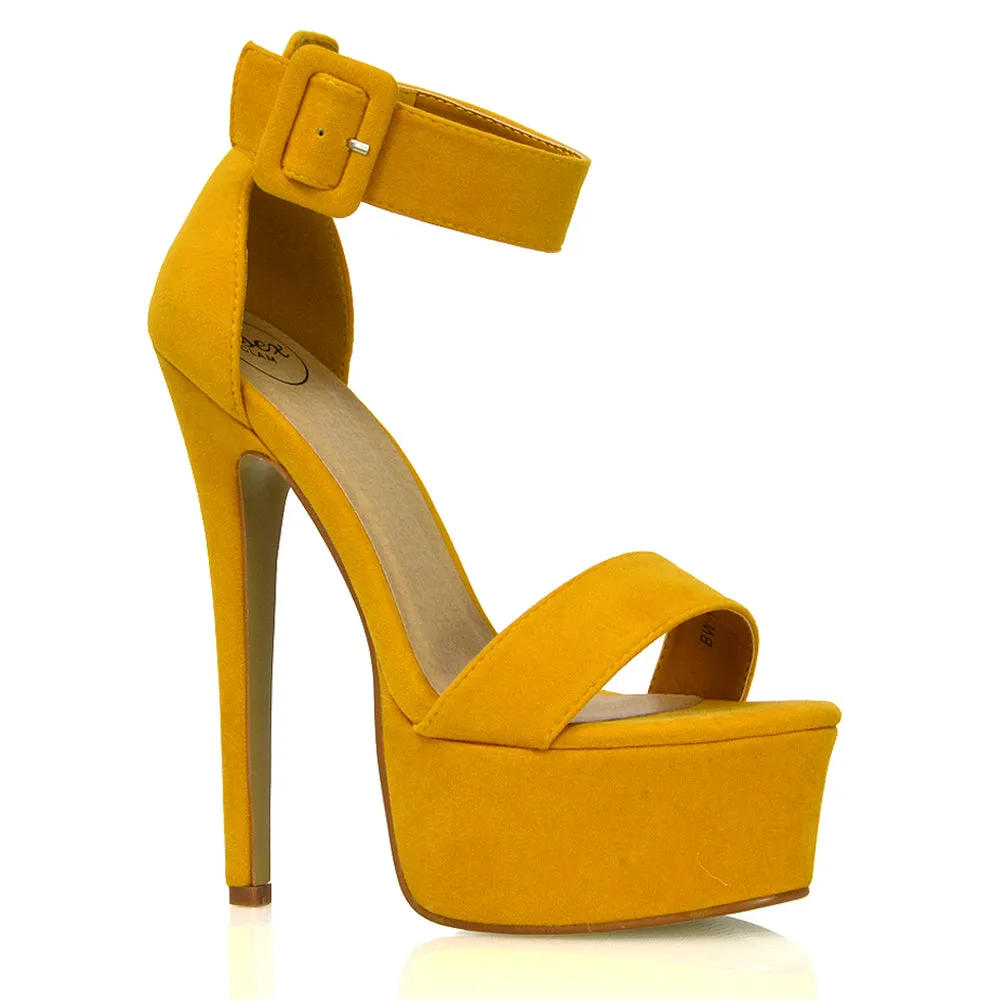 Yasmine Platform Ankle Strap Stiletto High Heel Sandals in Mustard Faux Suede