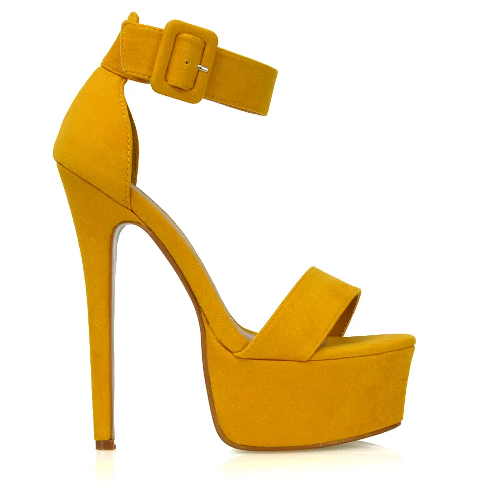 Yasmine Platform Ankle Strap Stiletto High Heel Sandals in Mustard Faux Suede