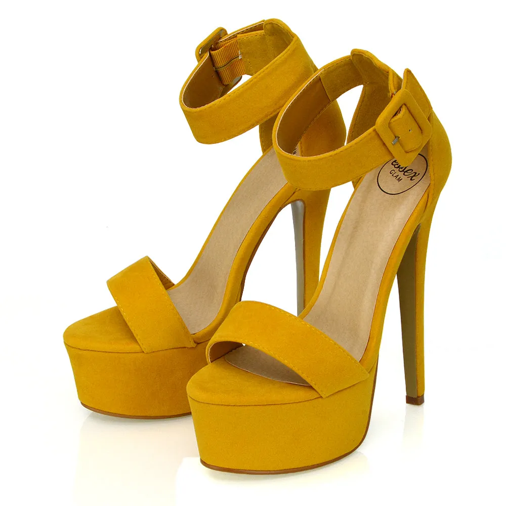Yasmine Platform Ankle Strap Stiletto High Heel Sandals in Mustard Faux Suede
