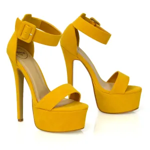 Yasmine Platform Ankle Strap Stiletto High Heel Sandals in Mustard Faux Suede