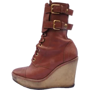 YVES SAINT LAURENT LEATHER MID-CALF WEDGE BOOTS